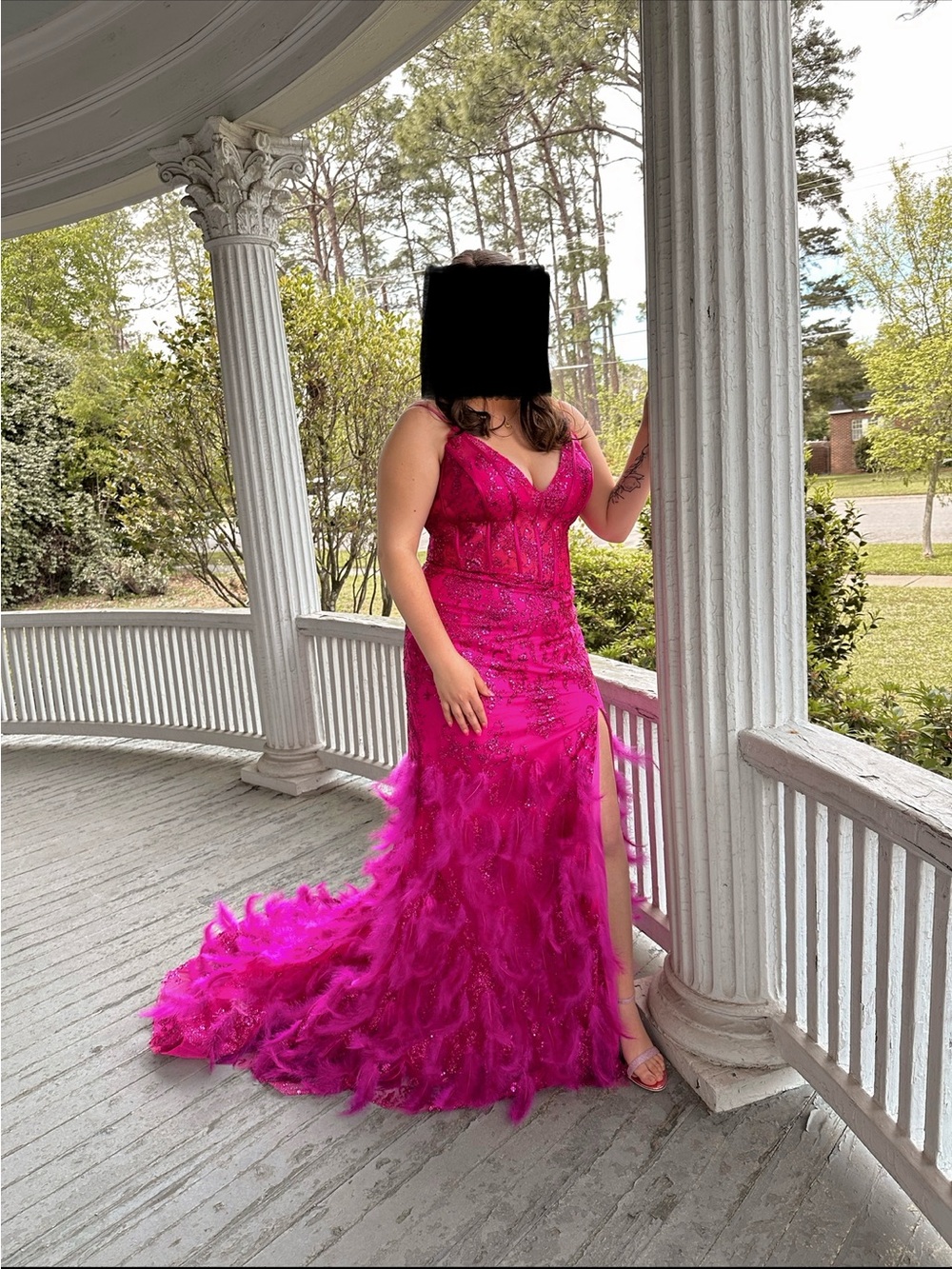Vibrant Fuchsia Feather-Trim Prom Gown with V-Neck